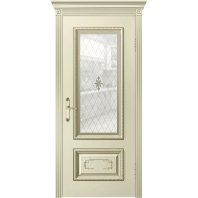 Дверь Дуэт R (со стеклом) VIVA Versal / Эмаль слоновая кость, патина белое золото /