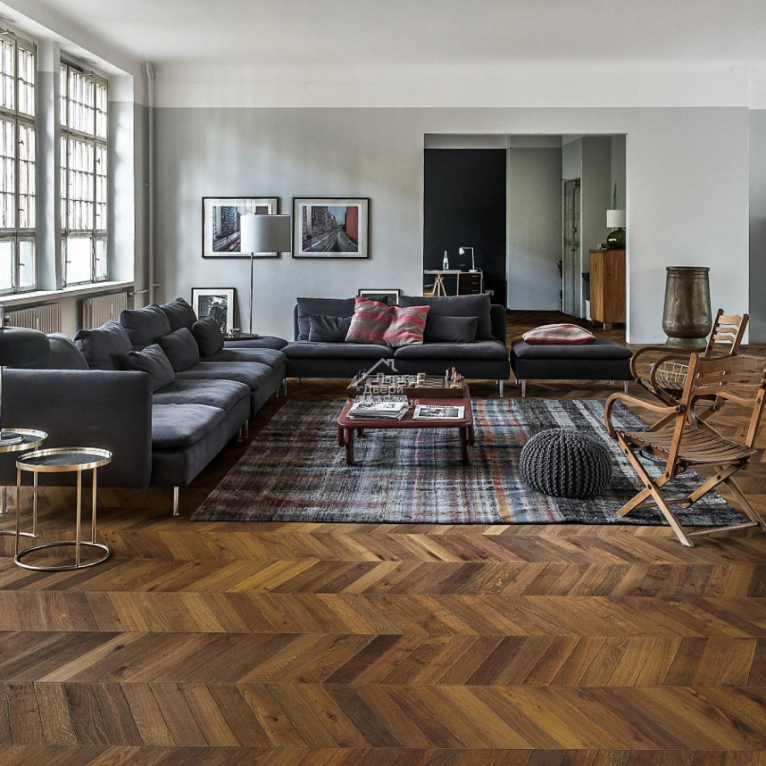 Паркет-елка Kahrs Шеврон Дуб темно-коричневый DARK BROWN 1848x305x15-2